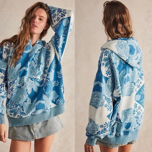 Free People Tops - Free People Blue Floral Hoodie